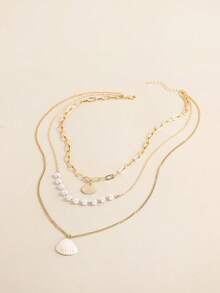 1pc 3-Layer Gold Shell & Pearl Pendant Necklace - Layered Necklace - View 2