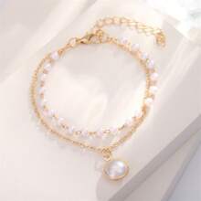 1pc Versatile Pearl Decor Double Layer Chain Pendant Bracelet For Women, Commuting, Daily, Dating