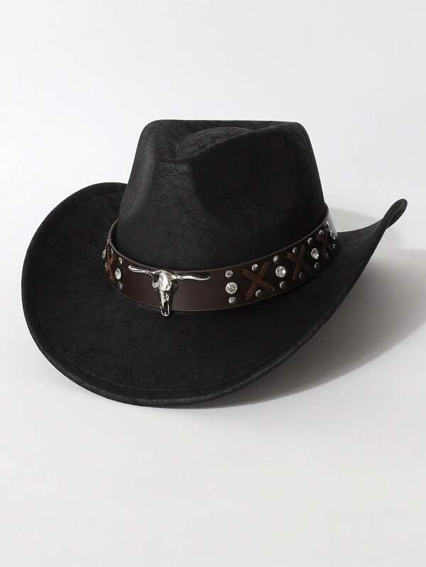 1pc Unisex Western Style PU Leather Fedora Hat With Alloy Sheep Head Rivet Decoration, Suitable For Daily Wear, Western Themed Events, Costume Matching, Parties, Music Festivals
