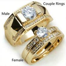 Un conjunto de elegantes anillos de pareja, anillos de compromiso y boda sintéticos, joyas de moda de lujo para hombres y mujeres, adecuados para uso diario y como regalo. - Dorado - Ver 5