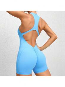 Women's Sleeveless Yoga Jumpsuit, Zipper Vest Exercise Clothing Set Women's Fashion Sports Coveralls - 藍色 - 查看 5