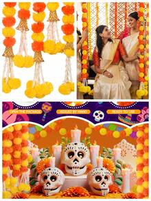 1Pc/Pack Of 4.75 Ft Long Strands Artificial Marigold Flowers Garland Orange Marigold Artificial Flower, Faux Garlands Wedding Garland For Diwali Decor, American Home Wedding Party Mantle Decor, Decor For Pooja, Day Of The Dead Marigold Garland For Decoration, Diwali Decorations For Home, Birthday Christmas Decor, Halloween Decor - Yellow Orange - View 2