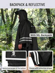 Poncho de lluvia con capucha SaphiRose impermeable para hombres, mujeres y adultos - Black03 (con rayas reflectantes) - Ver 7