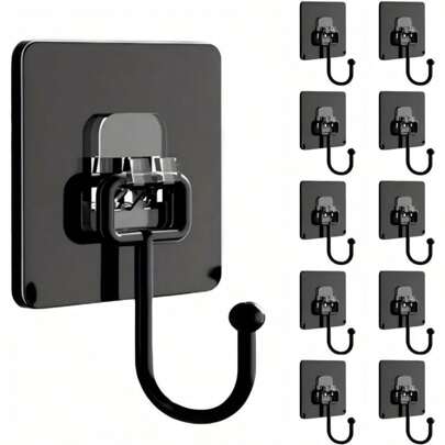 10pcs Fashionable Black Self-Adhesive Wall Hooks, Wall Mounted Practical Self-Adhesive Hooks, Magic Hooks, Multi-Purpose Clothes, Hats, Towels, Keys, Miscellaneous Hooks, Waterproof Hooks, Wall Hooks, Wall Mounted Hangers, No Need For Drilling, Easy To Install. Suitable For Homes, Bathrooms, Kitchens, Offices, Hotels, Bags, Towels, Clothing, Bath Towels, Etc.