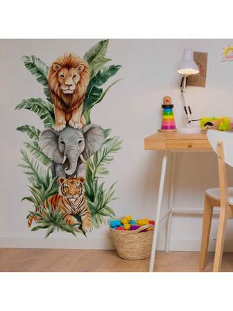 Lion Tiger Elephant Wall Decals - Cartoon Jungle Nursery Stickers For Kids Room Removable & Waterproof Home Decor Art Decals