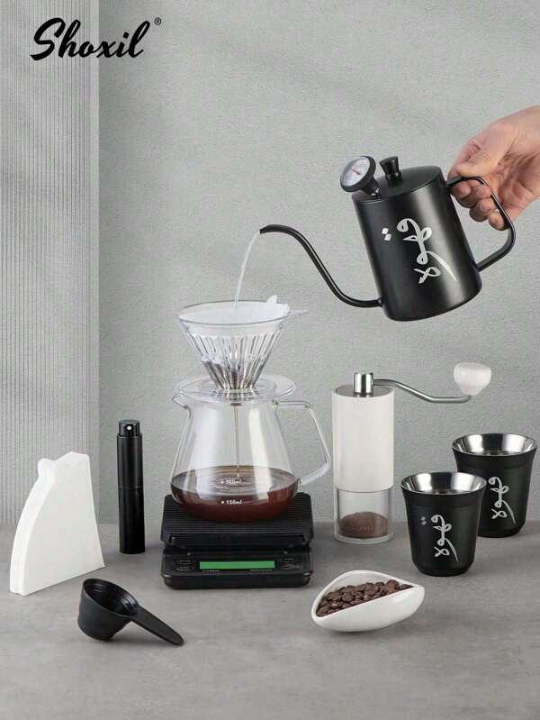 shoxil 1PC Premium V60 Arabic Coffee Gift Set (Size 02) - Complete Travel Kit With 600ml Pot, 2x160ml Cups & 12 Accessories | Includes Thermometer, Glass Server, Scale, Grinder & Filters | Perfect For Camping, Holidays & Family Gatherings