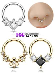 1pc Black & White Square Rhomboid Cubic Zirconia Decorated Women Nose Ring 18K Gold Plated CZ Seamless Nose Ring Clicker Hinged Segment Ring Surgical Steel Hypoallergenic 16G Nose Piercing Jewelry