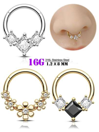 1pc Black & White Square Rhomboid Cubic Zirconia Decorated Women Nose Ring 18K Gold Plated CZ Seamless Nose Ring Clicker Hinged Segment Ring Surgical Steel Hypoallergenic 16G Nose Piercing Jewelry