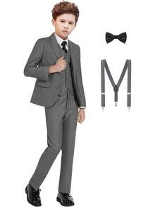 Boys Formal Suit Set - Suspenders Adjustable Waist Ring Bearer - 深灰色 - 查看 1
