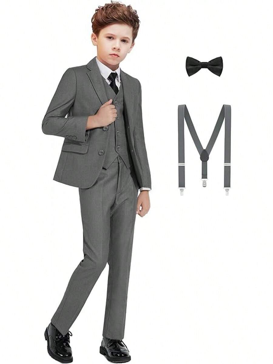 Boys Formal Suit Set - Suspenders Adjustable Waist Ring Bearer - 深灰色 - 查看 1