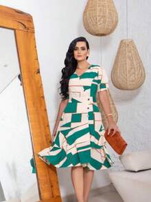 Women's Midi Dress Social Evangelical Floral Plain Wrapped Ruffle Christian Fashion Modest Elegant Party Wrap Dress - Màu xanh hình học - Xem 2