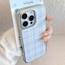 Gucadi 1 件格子 Kpop 甜美树脂电镀银边手机壳适用于 Apple/简约复古经典防水防震防摔防刮 - 藍色 - 查看 10