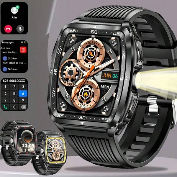 Gawsug Nouvelle montre connectée pour hommes 2025 en forme de fût de vin, écran large haute définition de 1,8 pouces, fonction de lampe de poche LED intégrée, étanche IPX8, grande capacité de 400 mAh, plusieurs modes sport, contrôle musical, rappel d'appel entrant, réveil, compatible iOS/Android, idéal comme cadeau pour la famille