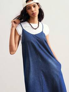 Bohemela 夏季纯色牛仔背带无袖休闲连衣裙 - 深色水洗藍 - 查看 5