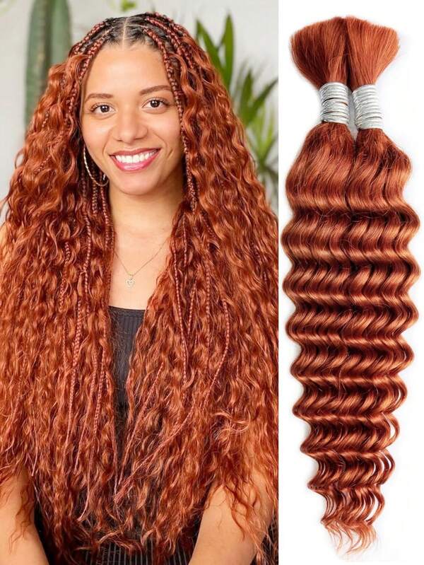 Cabello humano para trenzar ondas profundas de 100g con 2 paquetes a granel de cabello humano para trenzar sin trama, extensiones de cabello humano rizado brasileño virgen de color naranja intenso de 350 para trenzas bohemias, cabello humano ondulado y húmedo