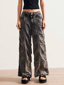 Bohemela Women Fashionable Pleated Slant Pocket Casual Wide Legs Jeans