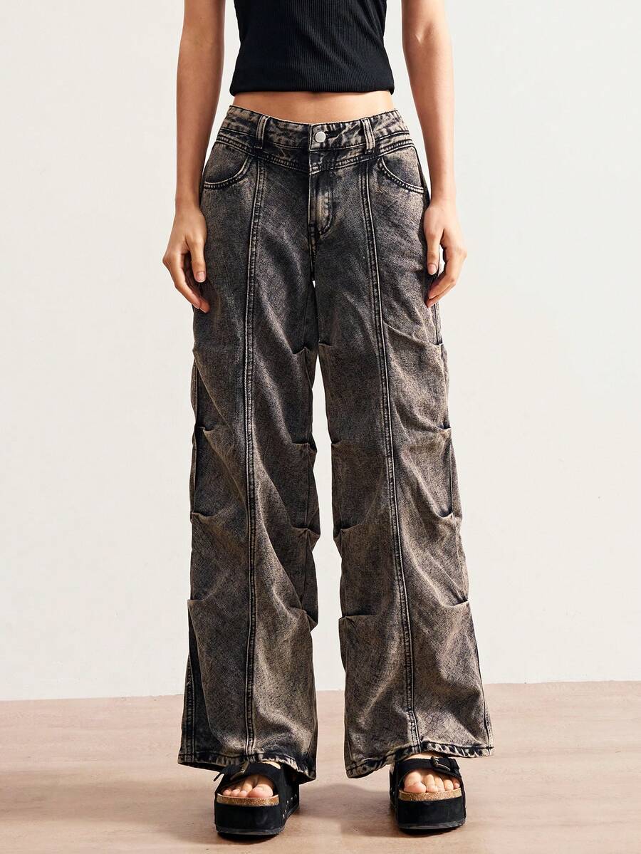 Bohemela Women Fashionable Pleated Slant Pocket Casual Wide Legs Jeans