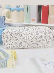 1Pc Floral Print Pencil Case, Back-To-School Stationery Organizer, Double-Sided Printed Pouch, Portable Multi-Functional Office & School Pencil Holder, Pencil Pouch, School Bag School Supplies, Back To School