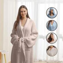 Bearberry Hooded Robe Cozy Leopard Robe Lightweight Soft Plush Bathrobe With Pockets For Women - Beige - View 4