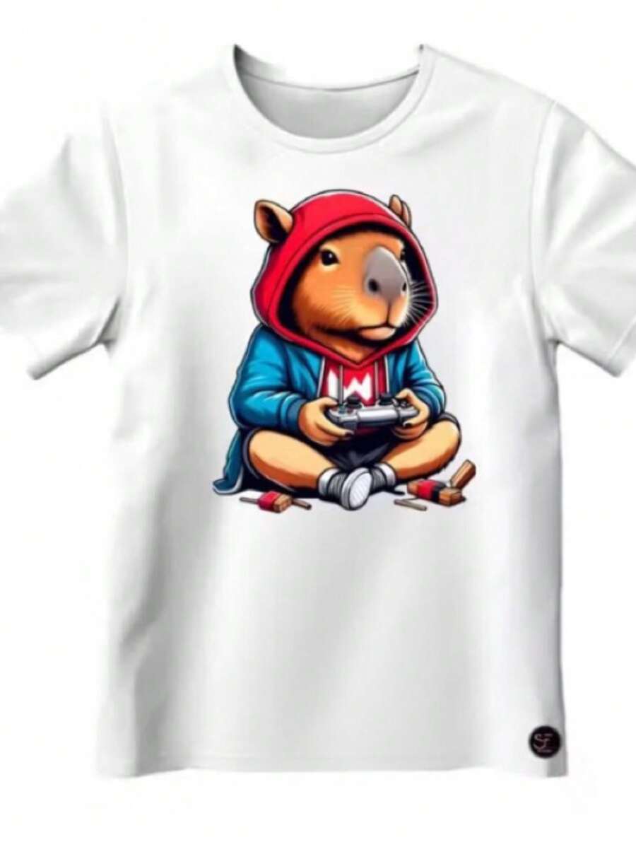Basic Short T-Shirt Blouse With "Cute" Capybara Print For Boys, Casual And Fashion Style With Control - White - View 1