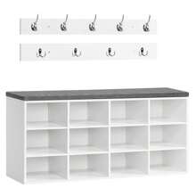 HOOBRO Shoe Storage Bench With Cushion, Entryway Bench, 39.4" Hall Tree, Coat Rack, 12 Cubbies, Holds Up To 330 Lb, Shoe Rack, Storage Cabinet For Bedroom, Hallway, White And Gray