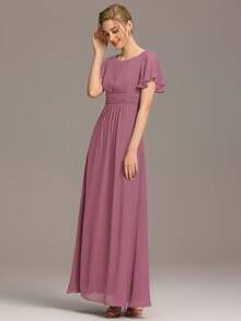 秋季女士优雅圆领高腰褶皱雪纺淡粉色伴娘礼服 - 藕粉色 - 查看 3