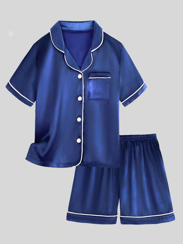 Set de 2 piezas para niño preadolescente: camisa de manga corta con cuello de solapa en azul marino y pantalones cortos, conjunto de pijama casual