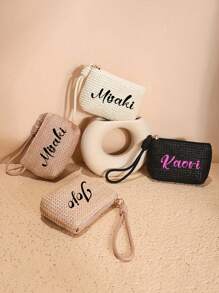 1pc Straw Coin Purse, Name Can Be Customized Small Coin Purse For Women, Portable Hand-Held Keychain Bag, Key And Card Storage Bag, Straw Small Wallet, Portable Clutch Bag, Key Card Bag, Hand-Hanging Storage Bag Multifunctional Storage Bag Essential For Back To School