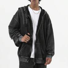 Mens Zip Up Acid Wash Hoodie Vintage Oversized Casual Fall Jacket Cotton Hooded Sweatshirts With Pockets Streetwearhalloween - 紫色 - 查看 10