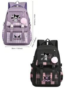 Sanrio Kuromi Anime Rucksack mit Lunch-Tasche, Nylon Laptop-Rucksack für Jungen und Mädchen, Mehrere Fächer, externer Geräteport, wasserdichtes Design, verstellbare Schultergurte, ideal für Schule, täglichen Gebrauch und Reisen, süßer Cartoon-Muster, thematische Lunch-Tasche, Reißverschluss-Verschluss, Schul-Rucksack