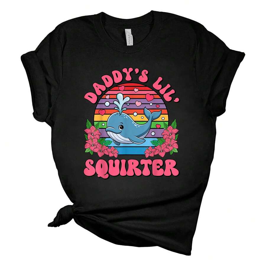 Camiseta divertida y embarazosa para mujeres "Papá's Lil Squirter", camisetas de mujer de verano, camiseta de algodón negra de manga corta casual de verano para mujeres - Negro - Ver 1
