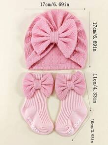 2件套新生儿弹力提花发带帽+袜子套装，0-6个月婴儿蝴蝶结襁褓帽可爱柔软婴儿帽头饰套装 - 彩色 - 查看 11