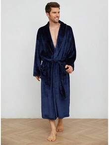 Mens Fleece Robe Plush Collar Shawl Bathrobehalloween - Navy - View 5