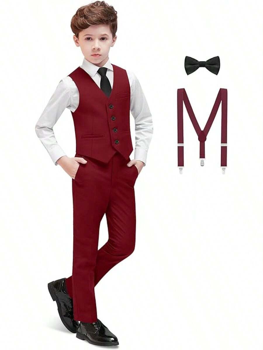 Boys Formal Suit Set - Suspenders Adjustable Waist Ring Bearer - Burgundy Vest - 查看 1