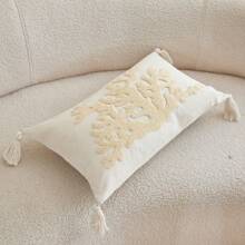 1pc Beige Coral Embroidery Cushion Cover - Linen Fabric With Tassels On Four Corners, Suitable For Modern Country Style Interior Decor, Sofa Throw Pillow Case/Cushion Cover, Daily Use & All-Season Decor, Insert Not Included