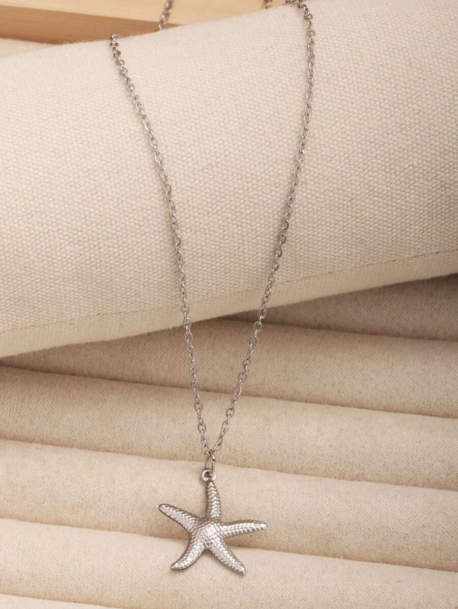 1 colar feminino de aço inoxidável com pingente de estrela do mar básico