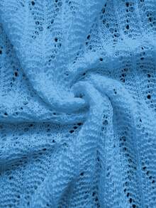 女士V领透视网纱镂空系结纽扣钩编长袖罩衫，性感纯色修身迷你针织沙滩比基尼连衣裙，春秋季 - 淺藍色 - 查看 11