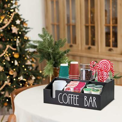 Coffee Bar Organizer Countertop, Wooden Coffee Bar Accessories Organizer With Drawers, Coffee Station Organizer Coffee Pod Rack Storage Basket, Farmhouse Coffee And Tea Spice Storage Station