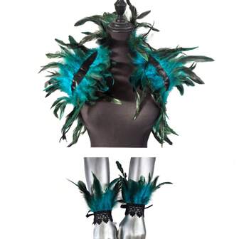 1Set/3PCS Gethic Artificial Feather Lace Cape Shawl Poncho Choker Collar Epaulet Shoulder Strap With Feather Cuffs For Women And Men Carnival Party Witch Cosplay Costumes
