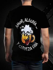 绿色男士T恤，卡通啤酒杯印花，休闲时尚透气短袖上衣，100%涤纶，轻薄面料，略带弹性 - 彩色 - 查看 2