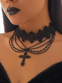 1pc Gothic Style Black Lace Choker Necklace With Cross Pendant & Tassels, Vintage Fashion Collar Necklace