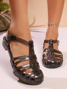 女士罗马风格平底凉鞋，夏季透气镂空设计，休闲果冻鞋，适合海滩和户外活动，尺码偏小一码 - 黑色 - 查看 2