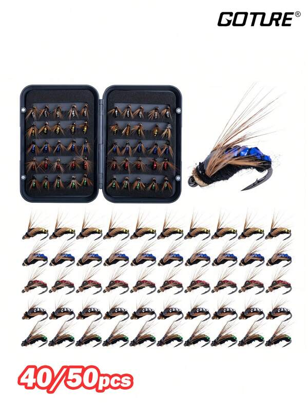 GOTURE 40/50 pièces Hameçon de mouche biomimétique toxique, pointe d'hameçon aiguisée, beau et coloré, apparence réaliste, ensemble d'hameçons de pêche à la mouche
