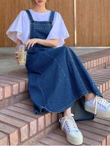 Women's Loose Wide Leg Denim Dress With Non Elastic Front Pocket, Adjustable Lace Up, Casual Loose Denim Shoulder Strap Skirt - Rửa trung bình - Xem 5