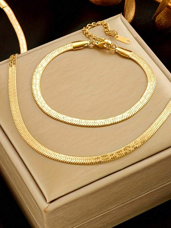 1-2pcs/Set Fashion Minimalist Stainless Steel Necklace And Bracelet Set, Personalized Knife, Snake Bone, Flat Snake Clavicle Chain And Bracelet Set For Women, 18K Gold Plated (No Box)