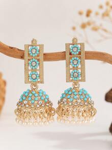 1 Par de Elegantes Brincos Jhumka com Strass e Contas, Brincos com Borla de Pérola Falsa, Acessórios de Joalheria Estilo Bollywood para Mulheres, Adequado para Uso Diário, Festivais, Casamentos e Festas/Presente de Joias - multicolorido - Visão 6