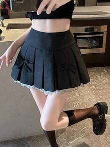 Las mujeres de encaje bustier lazo de verano de estilo universitario falda plisada de cintura alta delgada falda a-line - Negro - Ver 6