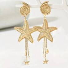 1 Pair Women's Vacation Bohemian Seashell, Conch, Faux Pearl, Starfish Exaggerated Metal Earrings, Fashionable Ocean Life Shaped Pendant Earrings For Everyday Wear, Street, Beach Party, Versatile