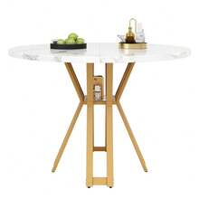Runder Esstisch, Leichter Luxus-Tisch, Marmoroptik MDF-Platte, Goldene Metallbeine, Für Essbereich Und Wohnzimmer, 100 x 100 x 76 cm, Gold/Marmor