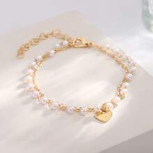1pc Versatile Pearl Decor Double Layer Chain Pendant Bracelet For Women, Commuting, Daily, Dating